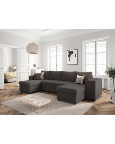 Canapé panoramique avec 2 poufs droit en velours côtelé - gris