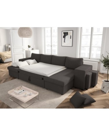 Canapé panoramique avec 2 poufs droit en velours côtelé - gris
