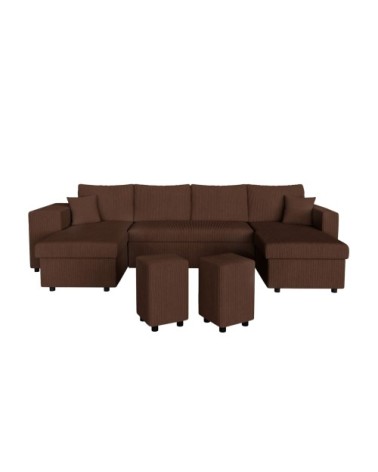 Canapé panoramique avec 2 poufs gauche en velours côtelé - marron