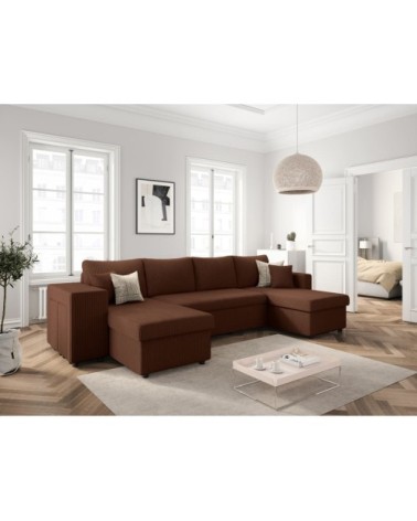 Canapé panoramique avec 2 poufs gauche en velours côtelé - marron