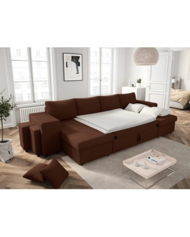 Canapé panoramique avec 2 poufs gauche en velours côtelé - marron
