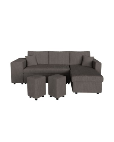 Canapé convertible avec 2 poufs gauche en velours côtelé - gris foncé