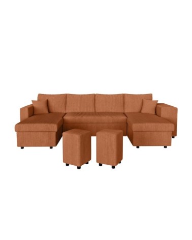 Canapé panoramique avec 2 poufs droit en velours côtelé - terracotta