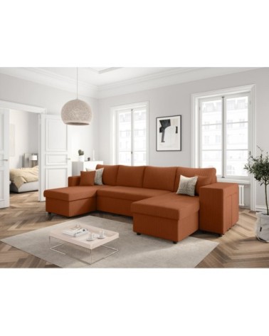 Canapé panoramique avec 2 poufs droit en velours côtelé - terracotta