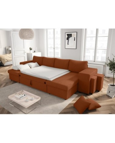 Canapé panoramique avec 2 poufs droit en velours côtelé - terracotta