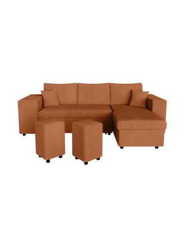 Canapé convertible 2 poufs gauche et étagère velours côtelé terracotta