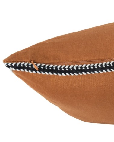 Housse de coussin en lin ocre avec galon tissé noir 40x40