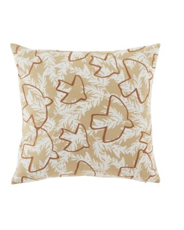 Coussin en coton motifs feuilles beiges et oiseaux terracotta 45x45