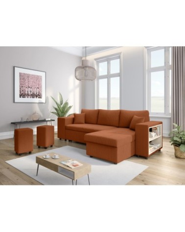 Canapé convertible 2 poufs gauche et étagère velours côtelé terracotta