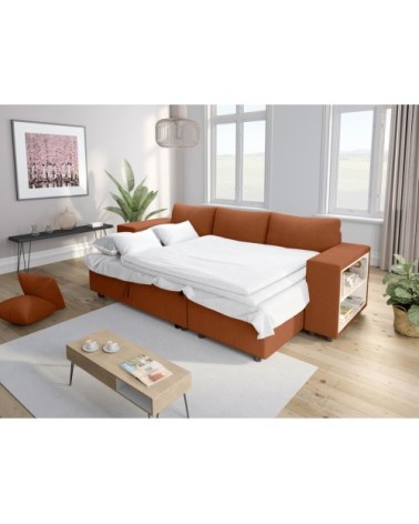 Canapé convertible 2 poufs gauche et étagère velours côtelé terracotta