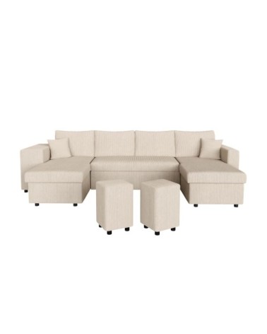 Canapé panoramique avec 2 poufs gauche en velours côtelé - beige
