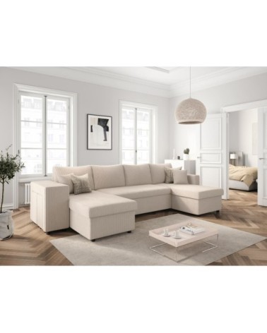 Canapé panoramique avec 2 poufs gauche en velours côtelé - beige