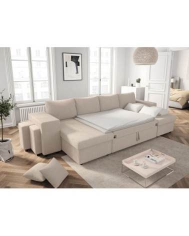 Canapé panoramique avec 2 poufs gauche en velours côtelé - beige