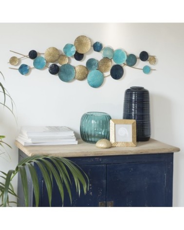 Déco murale en métal bleu et doré 92x30