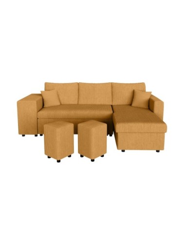 Canapé convertible avec 2 poufs gauche en velours côtelé - jaune
