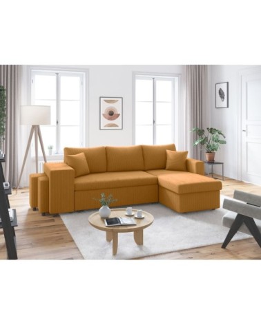 Canapé convertible avec 2 poufs gauche en velours côtelé - jaune
