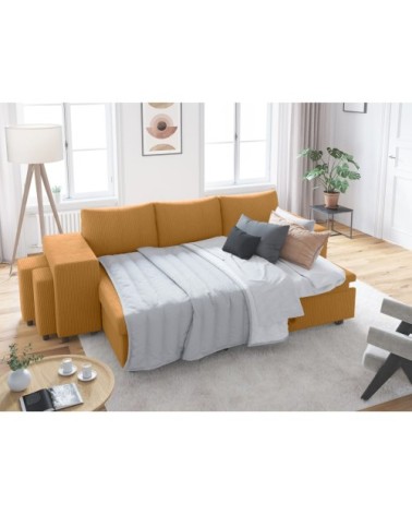 Canapé convertible avec 2 poufs gauche en velours côtelé - jaune