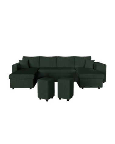 Canapé panoramique avec 2 poufs droit en velours côtelé - vert