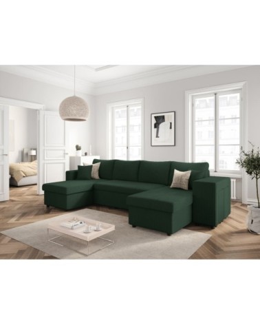 Canapé panoramique avec 2 poufs droit en velours côtelé - vert