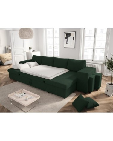 Canapé panoramique avec 2 poufs droit en velours côtelé - vert