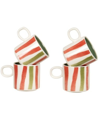 Coffret tasses (x4) en grès motifs à rayures rouges, orange et verts