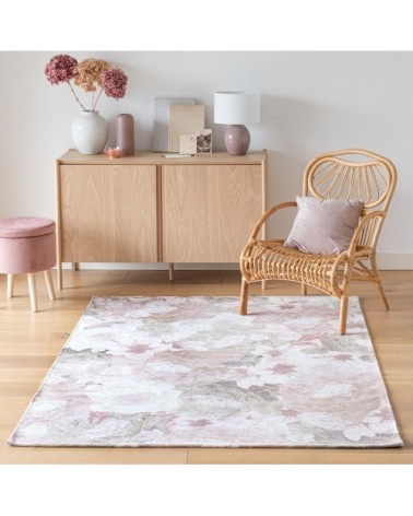 Tapis tissé jacquard motif floral rose et taupe 140x200