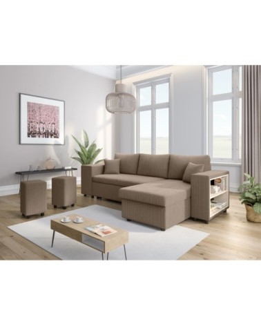 Canapé convertible 2 poufs gauche et étagère en velours côtelé - taupe