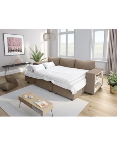 Canapé convertible 2 poufs gauche et étagère en velours côtelé - taupe