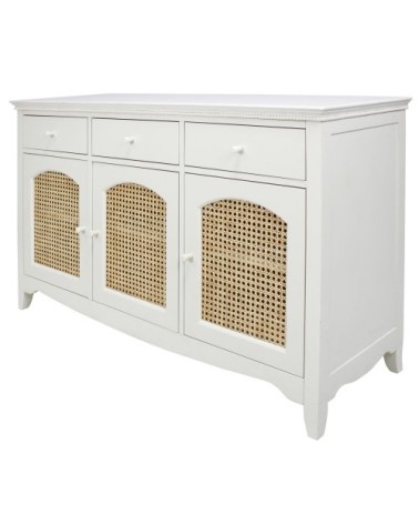 Buffet enfilade en cannage 3 portes et 3 tiroirs blanc cassé