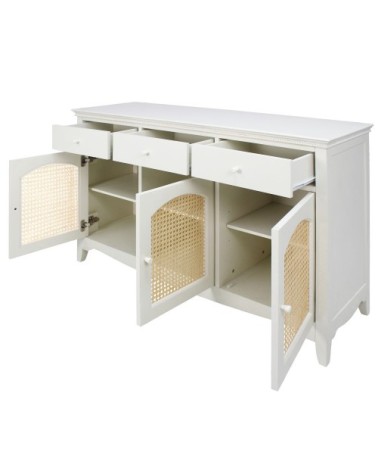 Buffet enfilade en cannage 3 portes et 3 tiroirs blanc cassé