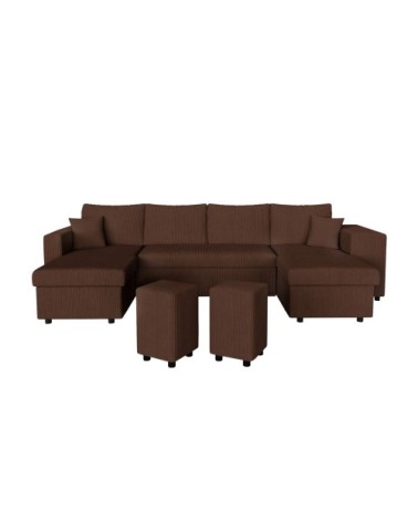 Canapé panoramique avec 2 poufs droit en velours côtelé - marron