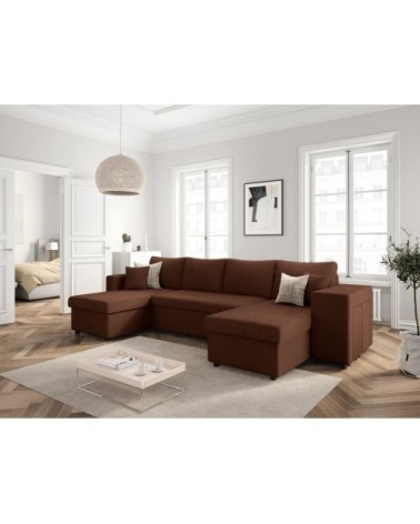 Canapé panoramique avec 2 poufs droit en velours côtelé - marron