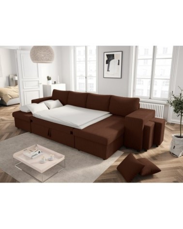 Canapé panoramique avec 2 poufs droit en velours côtelé - marron