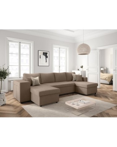 Canapé panoramique avec 2 poufs gauche en velours côtelé - taupe