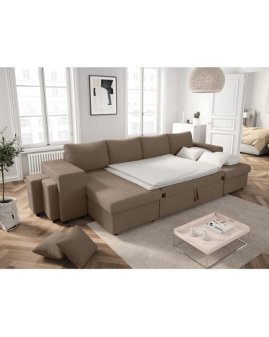 Canapé panoramique avec 2 poufs gauche en velours côtelé - taupe
