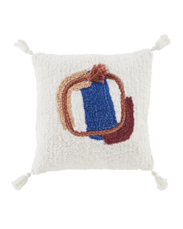 Coussin en coton tufté blanc, bleu et violet aubergine 45x45