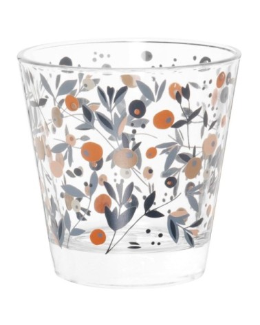 Gobelet en verre motif floral rose et bleu gris