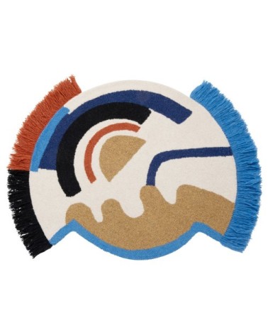 Tapis asymétrique en coton et laine bouclée et tuftée multicolore à franges D90