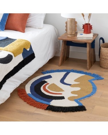 Tapis asymétrique en coton et laine bouclée et tuftée multicolore à franges D90