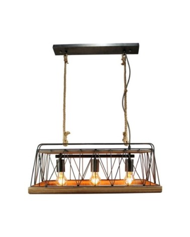 Suspension 3 lumières métal/bois/corde L59cm