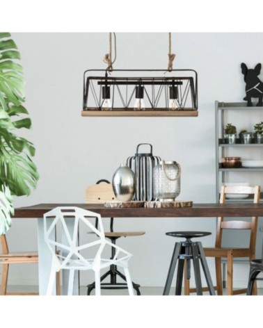 Suspension 3 lumières métal/bois/corde L59cm