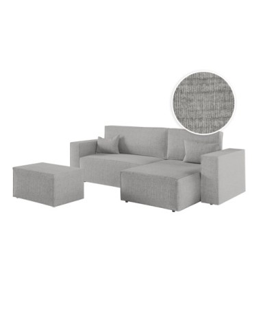 Canapé d'angle convertible avec pouf en tissu texturé 3d - gris clair