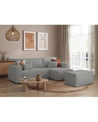 Canapé d'angle convertible avec pouf en tissu texturé 3d - gris clair