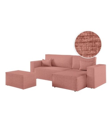 Canapé d'angle convertible avec pouf en tissu texturé 3d - rose
