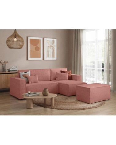 Canapé d'angle convertible avec pouf en tissu texturé 3d - rose