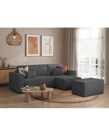 Canapé d'angle convertible avec pouf en tissu texturé 3d - gris foncé