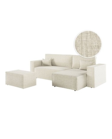 Canapé d'angle convertible avec pouf en tissu texturé 3d - beige