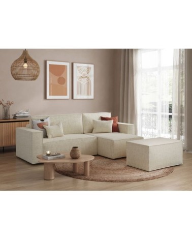 Canapé d'angle convertible avec pouf en tissu texturé 3d - beige