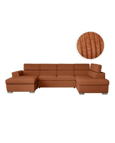 Canapé panoramique convertible 2 coffres en velours côtelé terracotta