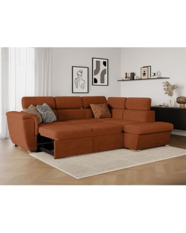 Canapé d'angle droit convertible en velours côtelé terracotta